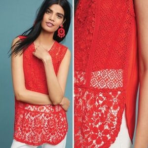 Anthropologie Tiny Red Gardenia Lace Top